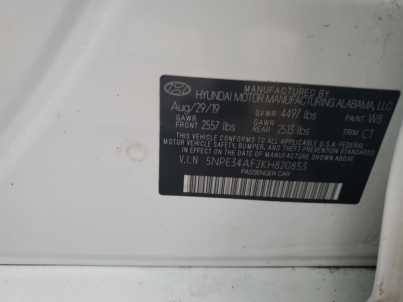 2019 Hyundai Sonata VIN 5NPE34AF2KH820853 Copart auction photo, front end damage thumbnail 13