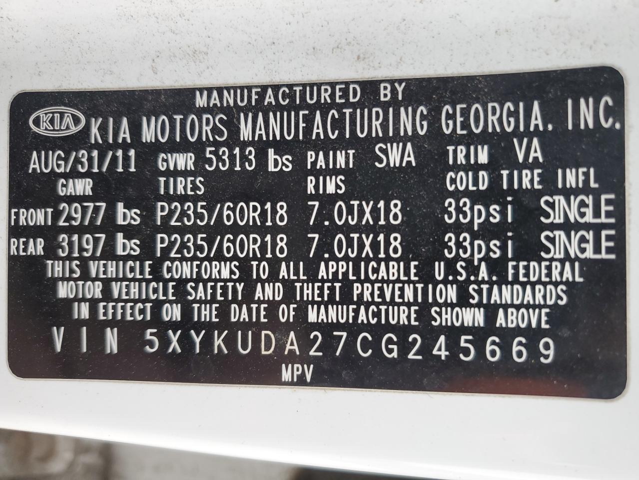 2012 KIA Sorento VIN 5XYKUDA27CG245669 Copart auction photo, front end damage thumbnail 13