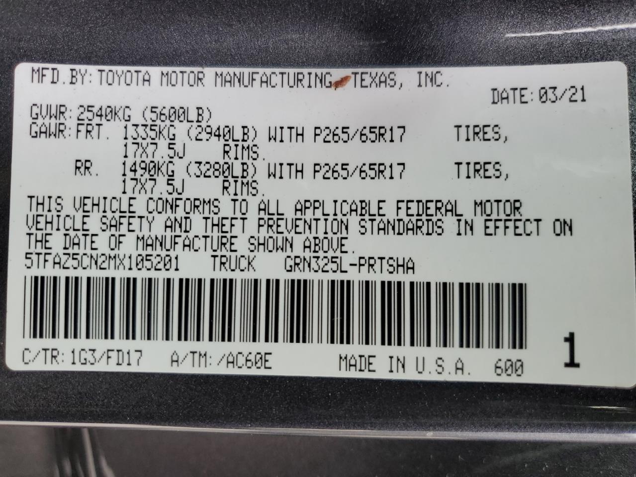 2021 Toyota Tacoma VIN 5TFAZ5CN2MX105201 Copart auction photo, rear end damage thumbnail 13
