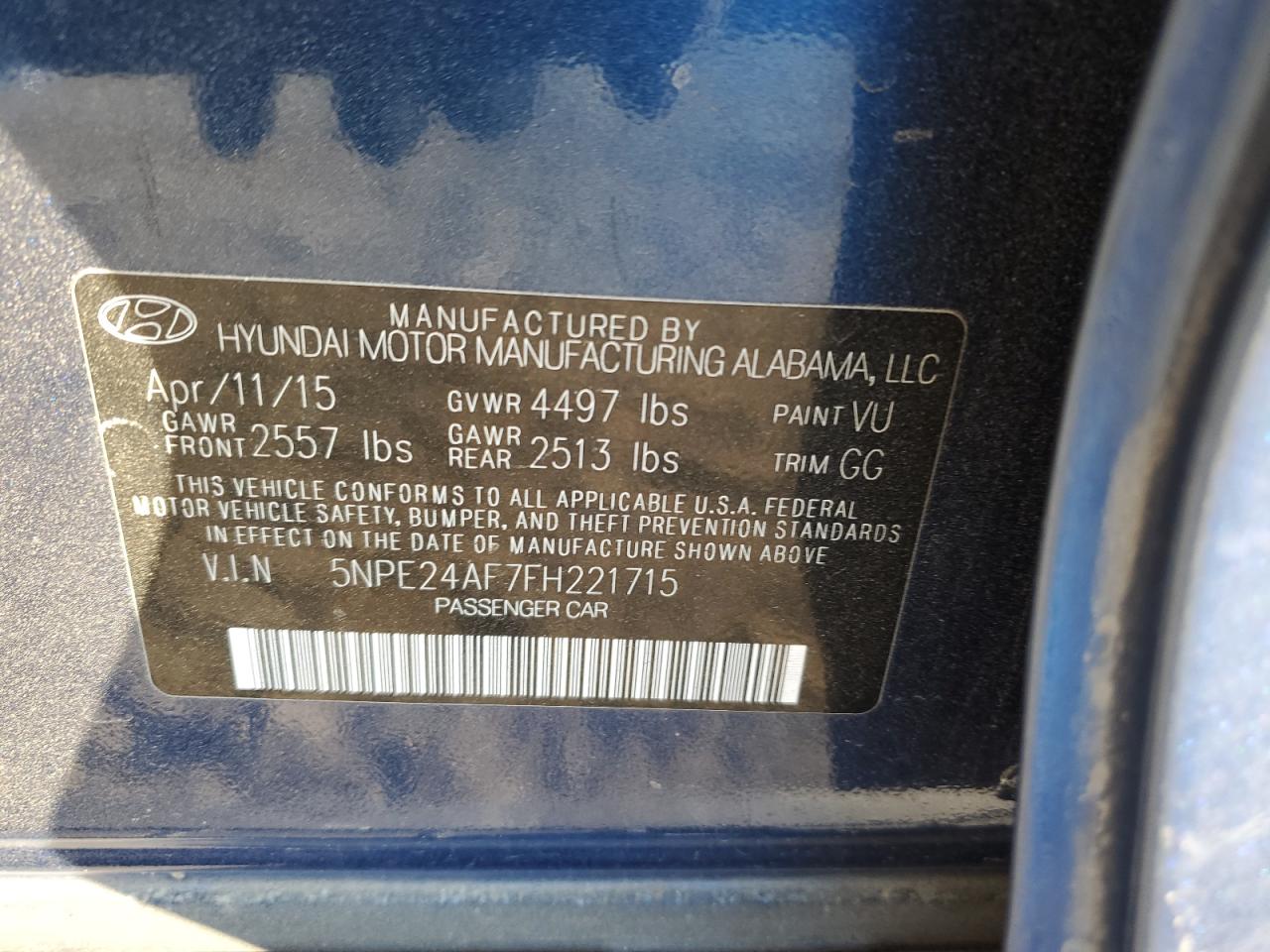 2015 Hyundai Sonata VIN 5NPE24AF7FH221715 Copart auction photo, all over / undercarriage damage thumbnail 14