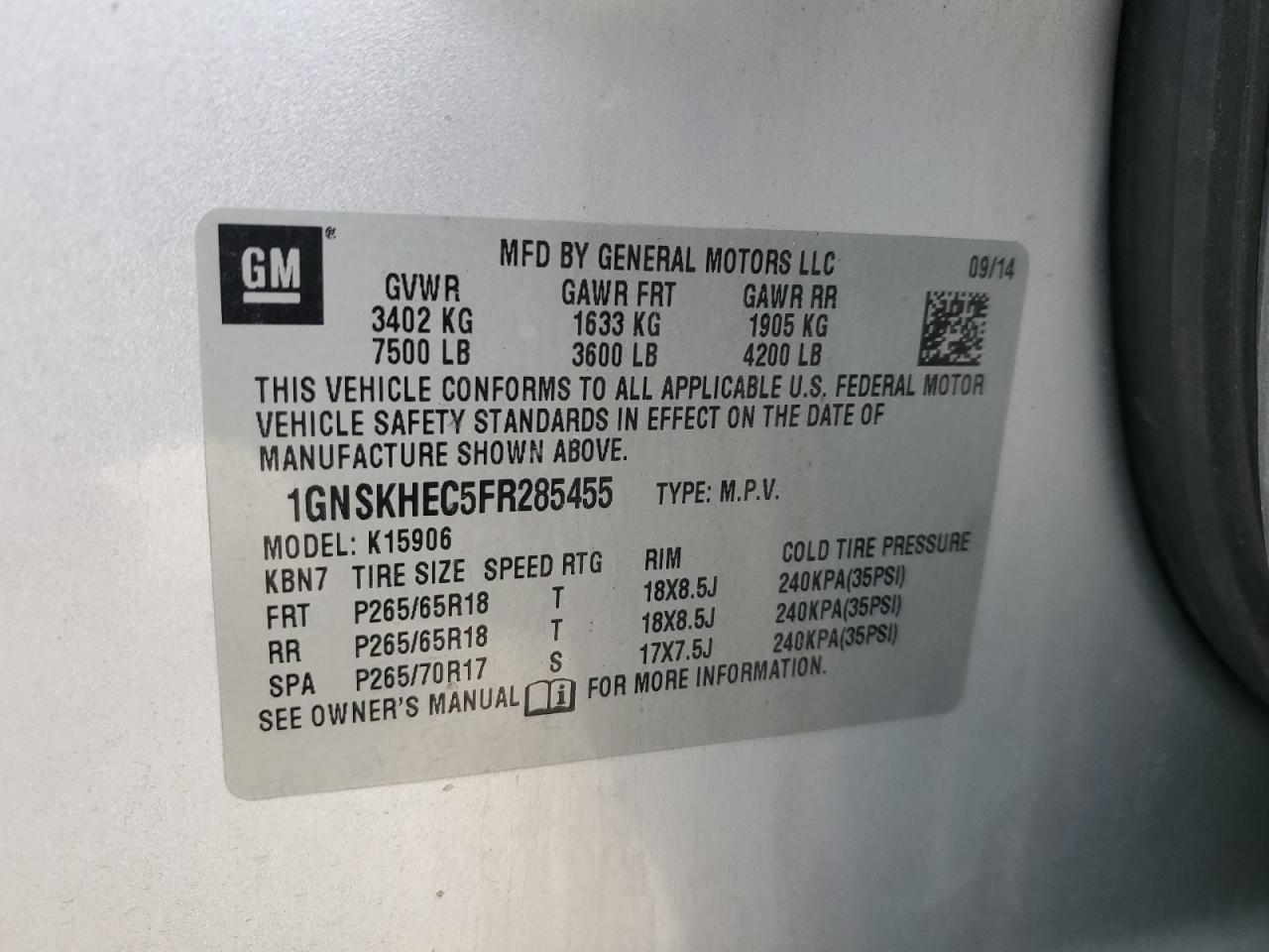 2015 Chevrolet Suburban VIN 1GNSKHEC5FR285455 Copart auction photo, front end / mechanical damage thumbnail 14