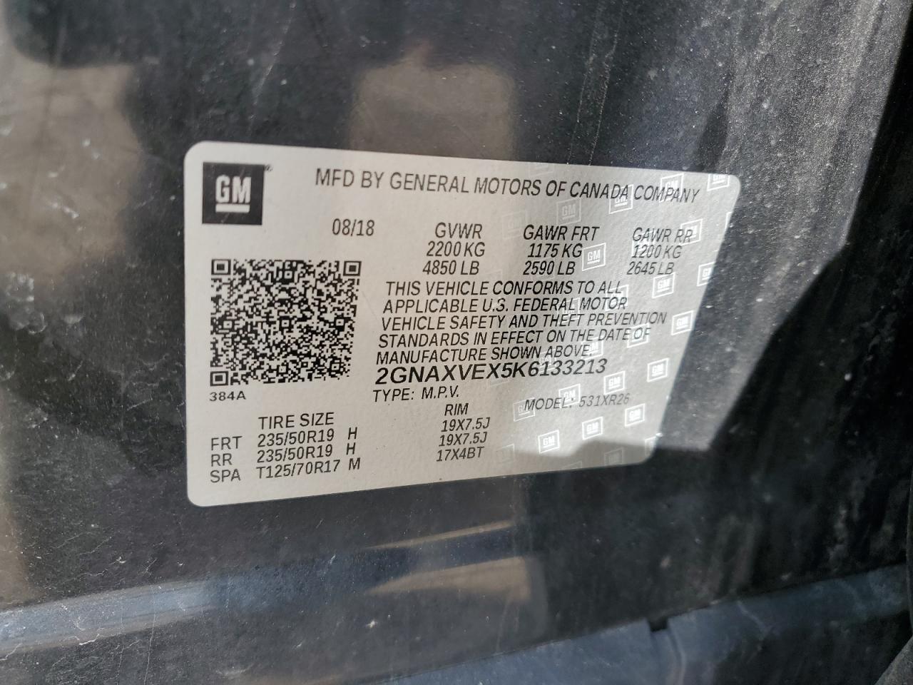2019 Chevrolet Equinox VIN 2GNAXVEX5K6133213 Copart auction photo, side damage thumbnail 12