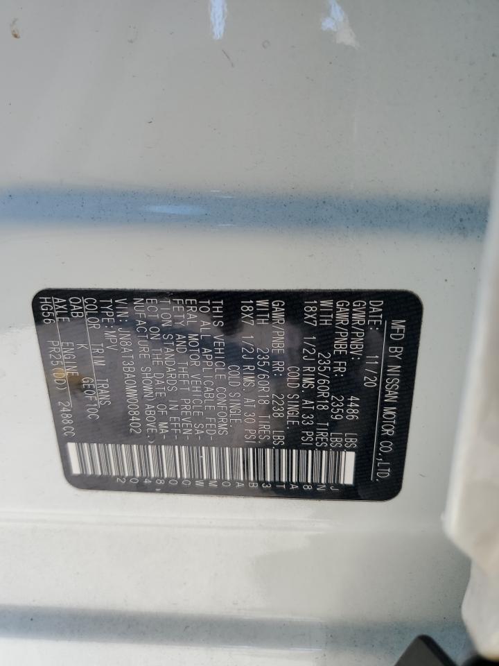 2021 Nissan Rogue VIN JN8AT3BA0MW008402 Copart auction photo, front end / side damage thumbnail 13