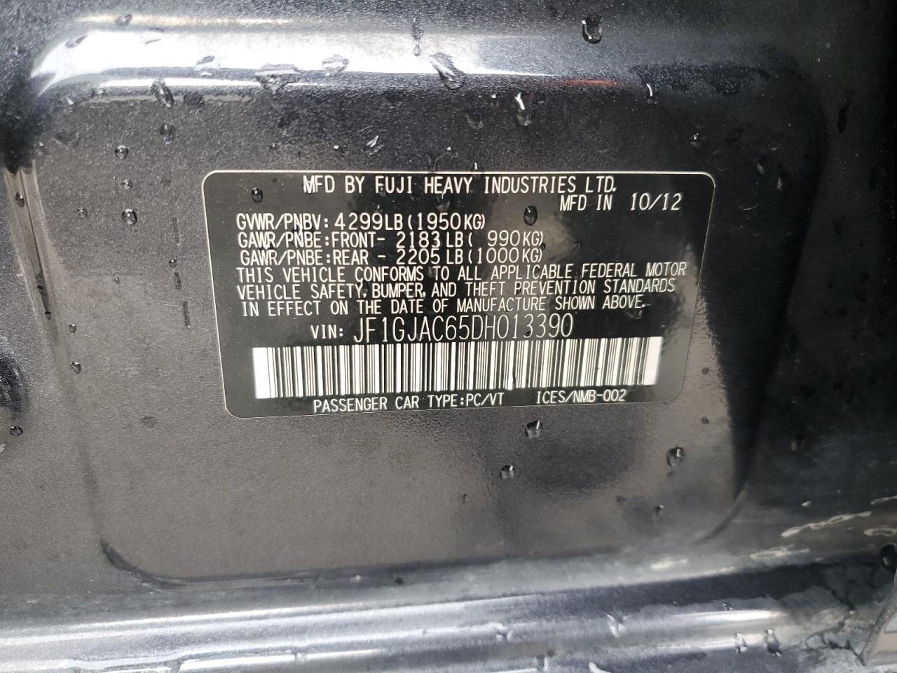 2013 Subaru Impreza VIN JF1GJAC65DH013390 Copart auction photo, rear end / side damage thumbnail 13