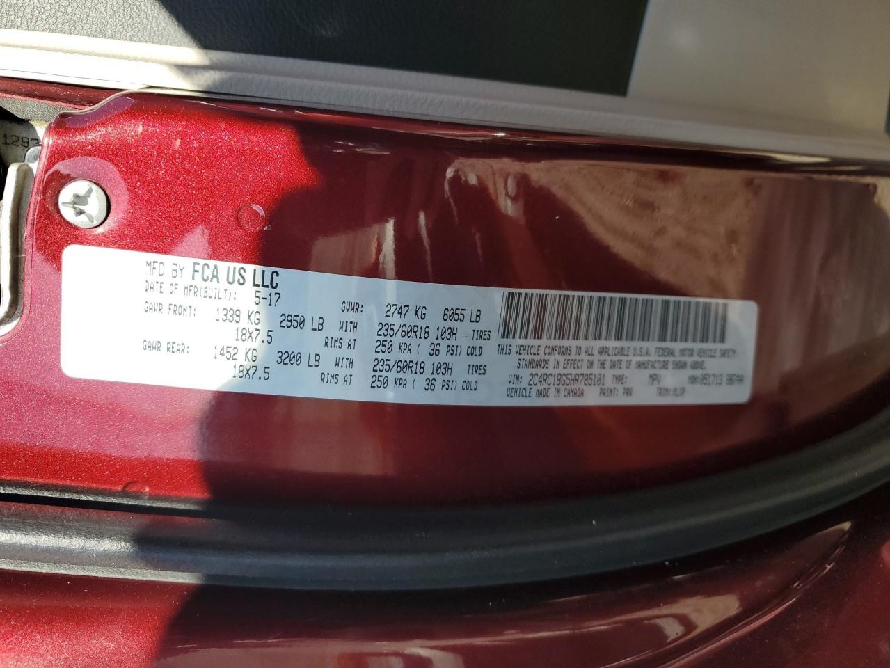 2017 Chrysler Pacifica VIN 2C4RC1BG5HR785101 Copart auction photo, front end / side damage thumbnail 15