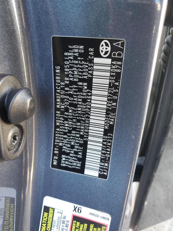 2018 Toyota Corolla VIN 5YFBURHE2JP804647 Copart auction photo, rear end / front end damage thumbnail 12