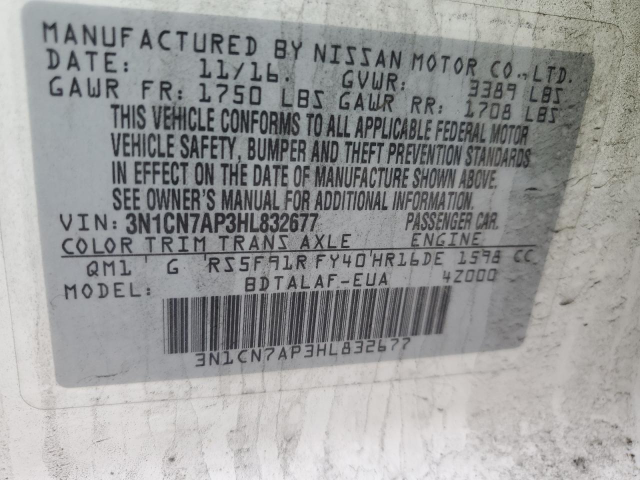 2017 Nissan Versa VIN 3N1CN7AP3HL832677 Copart auction photo, side / all over damage thumbnail 14