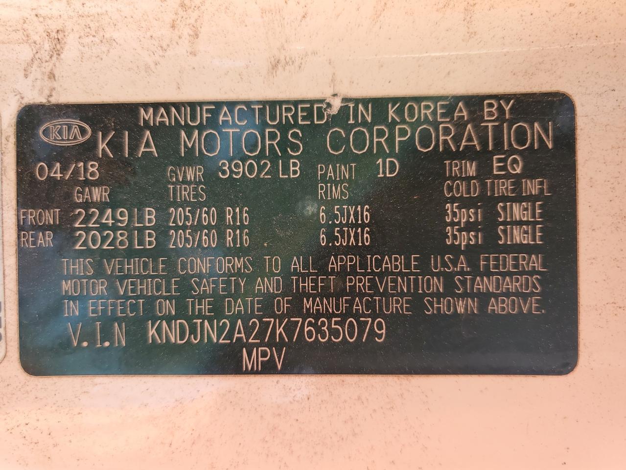 2019 KIA Soul VIN KNDJN2A27K7635079 Copart auction photo, rear end damage thumbnail 14