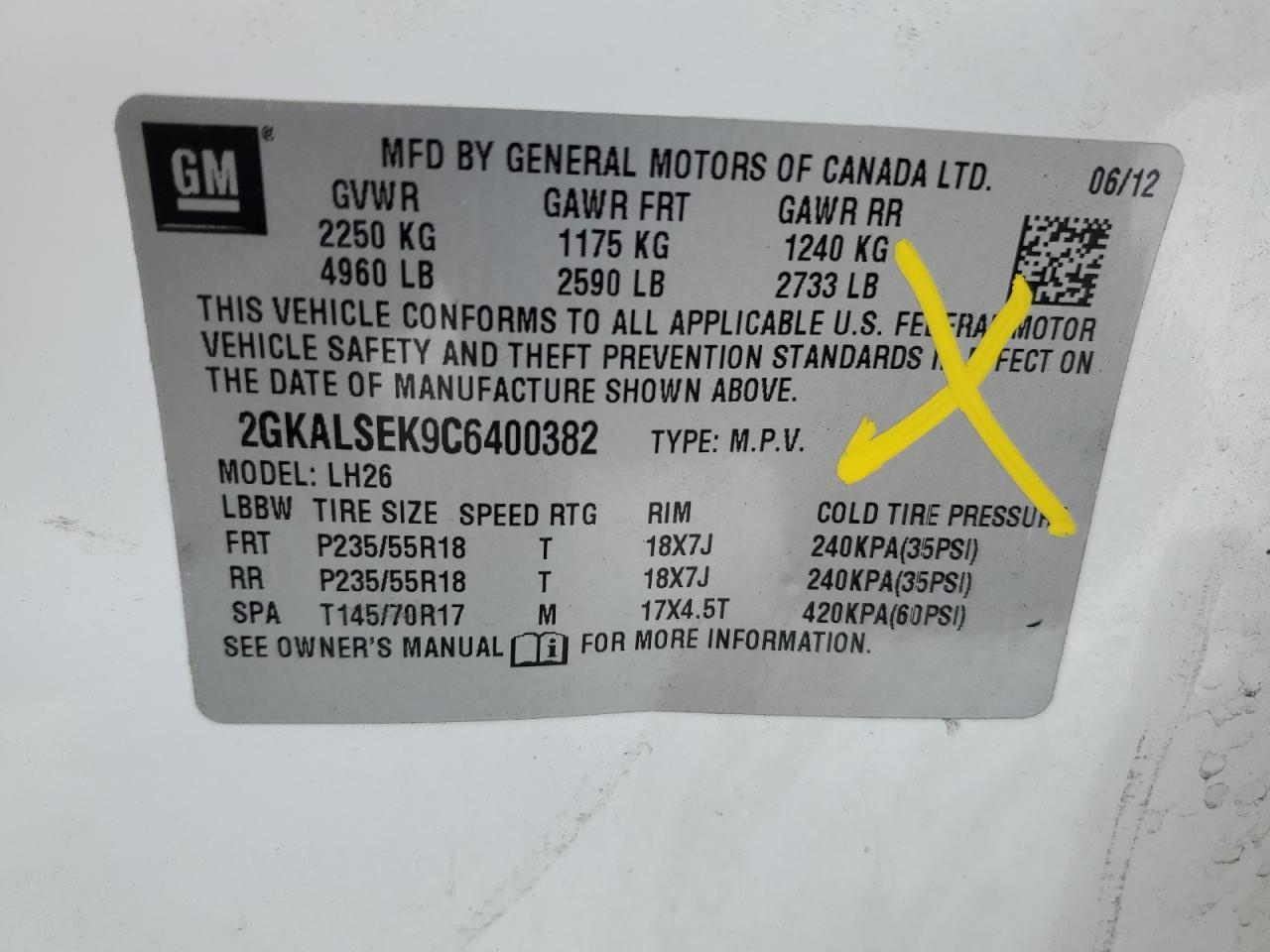 2012 GMC Terrain VIN 2GKALSEK9C6400382 Copart auction photo, side damage thumbnail 13