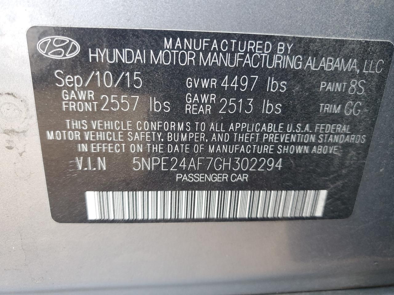 2016 Hyundai Sonata VIN 5NPE24AF7GH302294 Copart auction photo, front end damage thumbnail 12