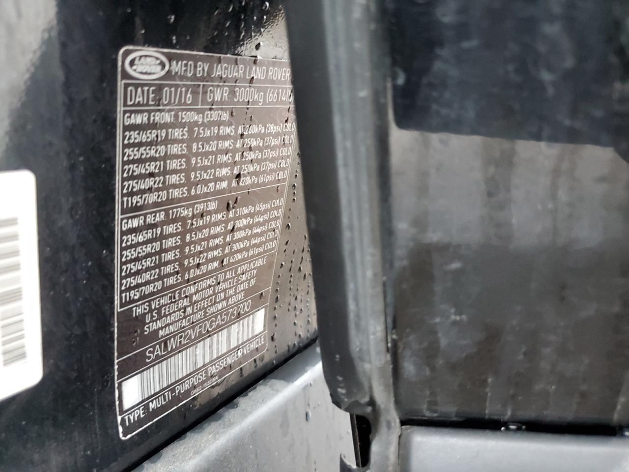 2016 Land Rover Range Rover VIN SALWR2VF0GA573700 Copart auction photo, mechanical damage thumbnail 13