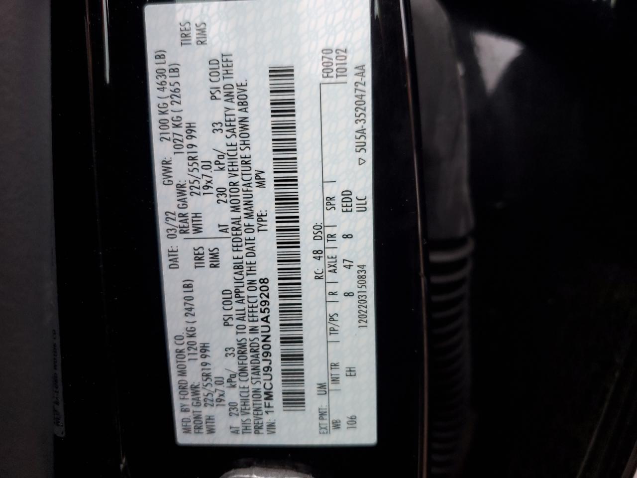 2022 Ford Escape VIN 1FMCU9J90NUA59208 Copart auction photo, rear end / front end damage thumbnail 15