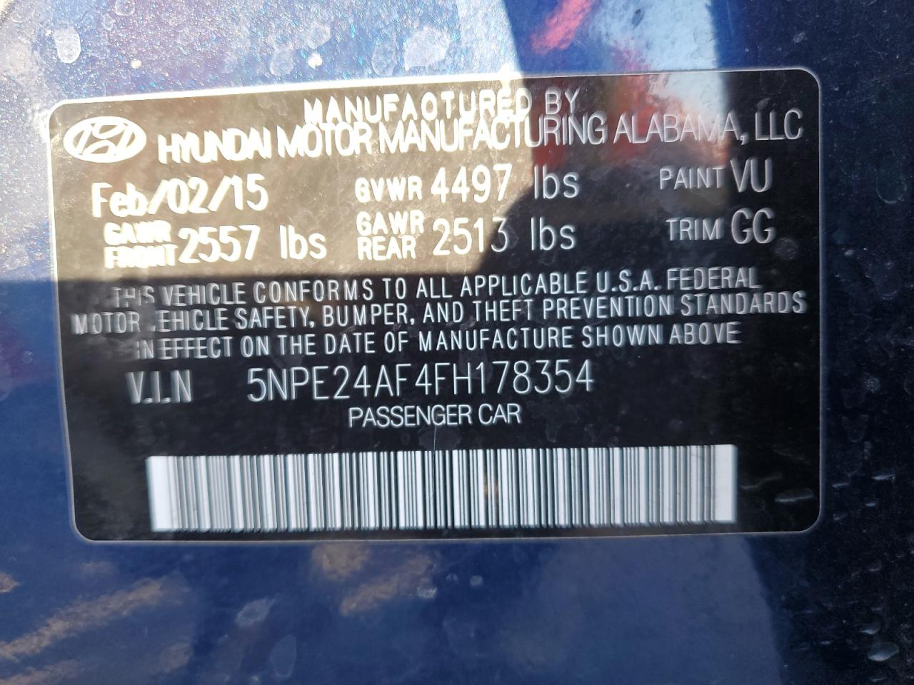 2015 Hyundai Sonata VIN 5NPE24AF4FH178354 Copart auction photo, vandalism damage thumbnail 12