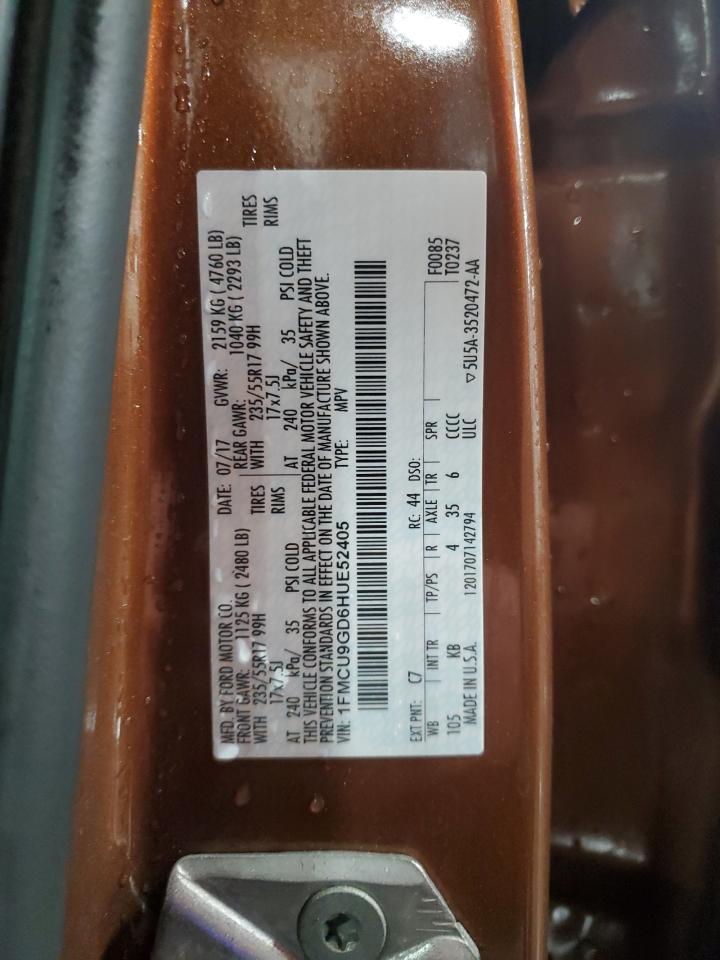 2017 Ford Escape VIN 1FMCU9GD6HUE52405 Copart auction photo, rear end damage thumbnail 14