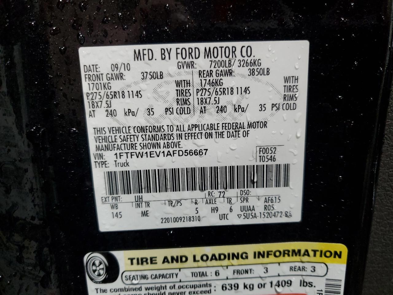 2010 Ford F-150 VIN 1FTFW1EV1AFD56667 Copart auction photo, front end / side damage thumbnail 12