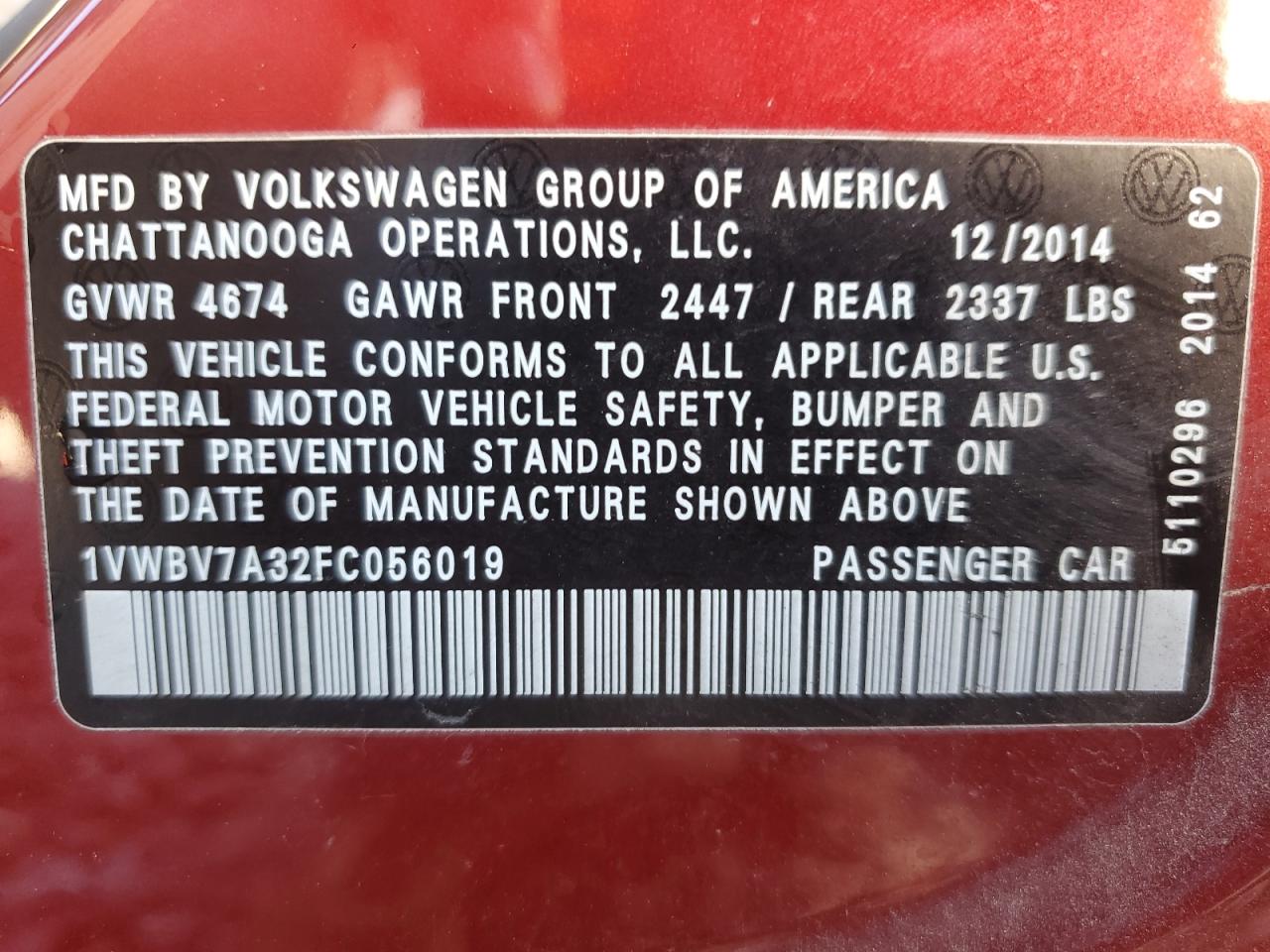 2015 Volkswagen Passat VIN 1VWBV7A32FC056019 Copart auction photo, all over damage thumbnail 12