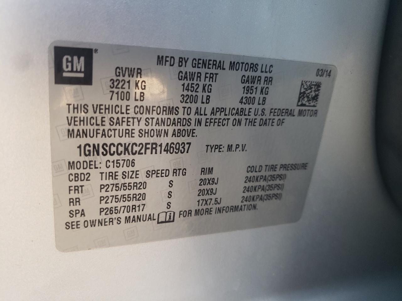 2015 Chevrolet Tahoe VIN 1GNSCCKC2FR146937 Copart auction photo, front end damage thumbnail 13