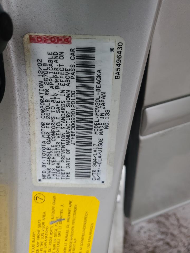 2003 Lexus ES VIN JTHBF30G930120100 Copart auction photo, side damage thumbnail 12