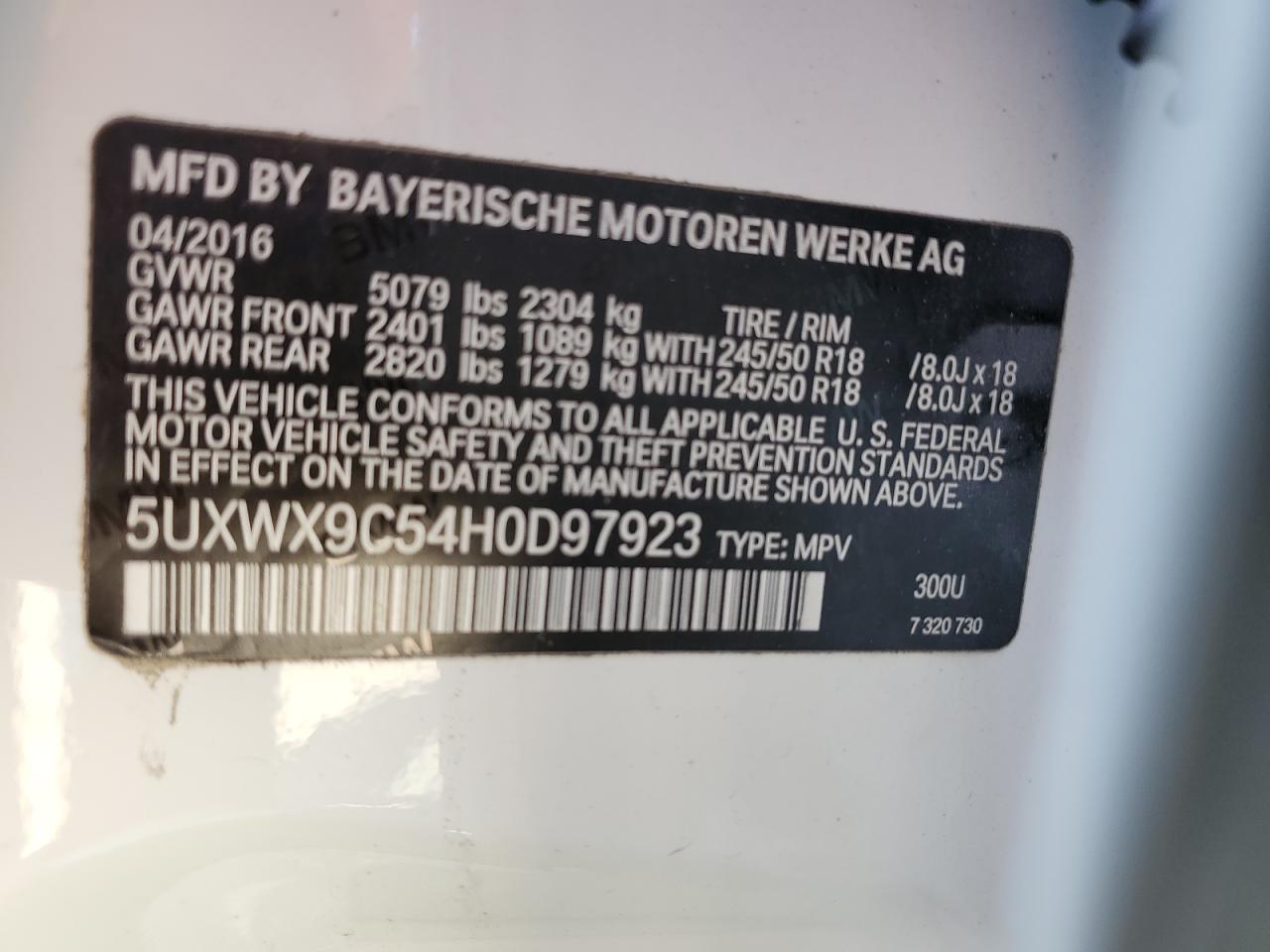 2017 BMW X3 VIN 5UXWX9C54H0D97923 Copart auction photo, front end / minor dent/scratches damage thumbnail 15
