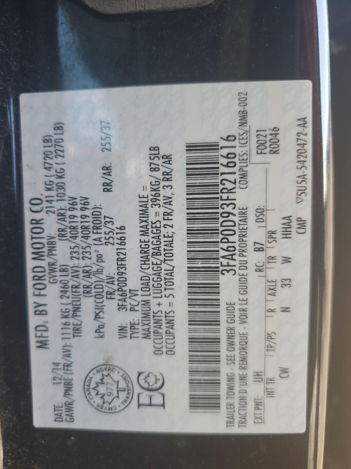 2015 Ford Fusion VIN 3FA6P0D93FR216616 Copart auction photo, rear end damage thumbnail 12