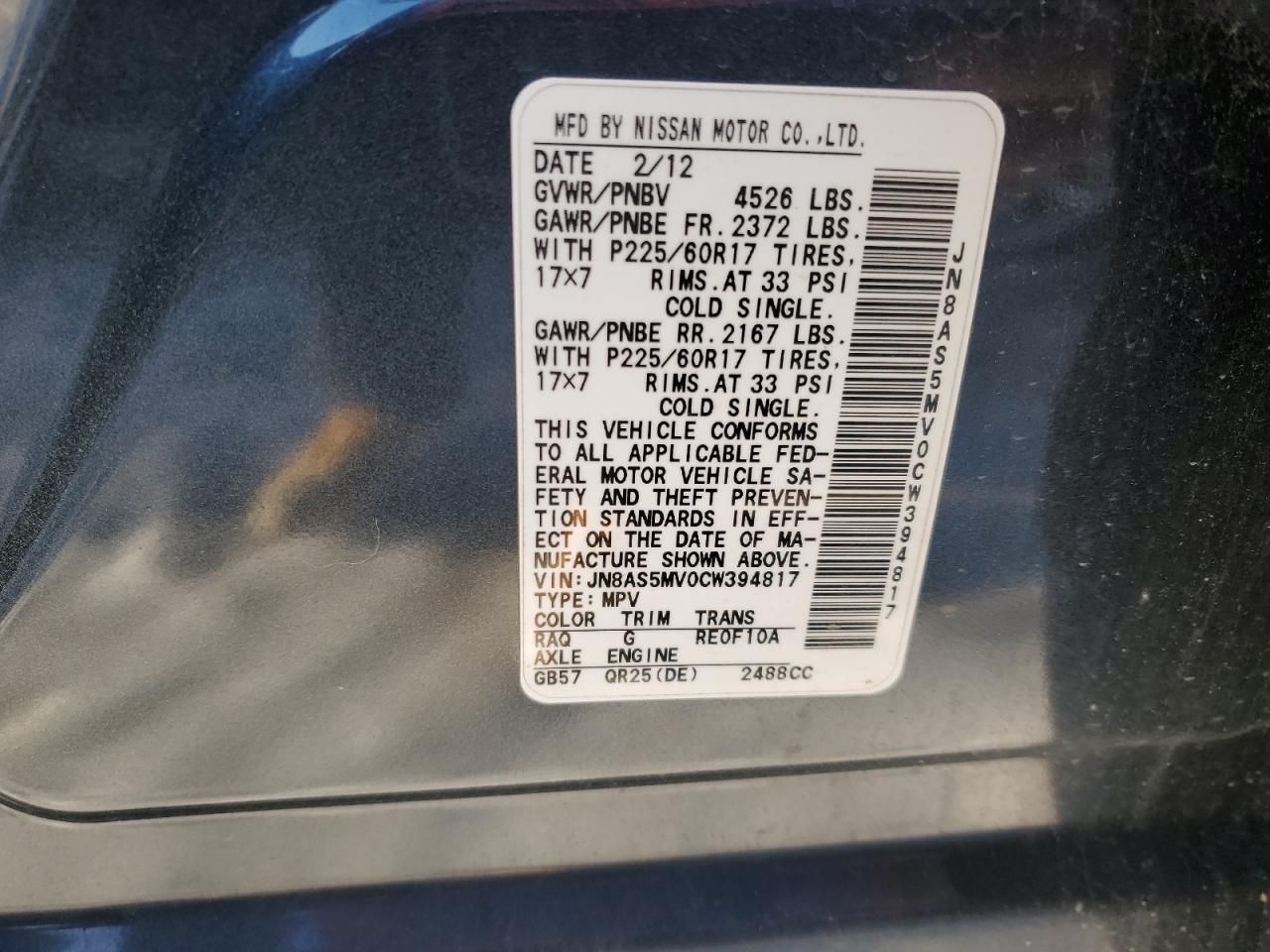 2012 Nissan Rogue VIN JN8AS5MV0CW394817 Copart auction photo, front end / minor dent/scratches damage thumbnail 13