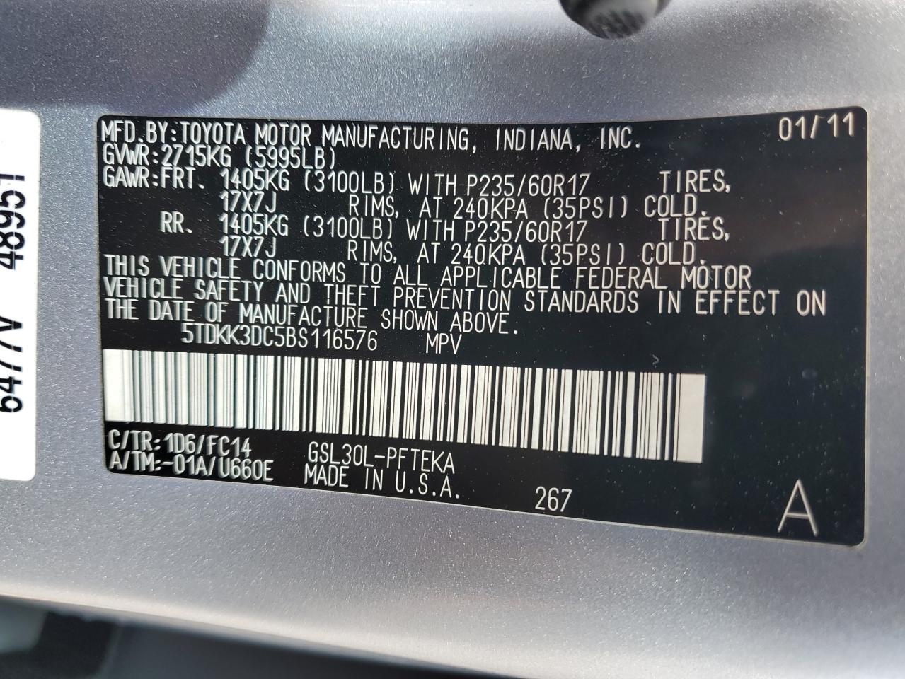 2011 Toyota Sienna VIN 5TDKK3DC5BS116576 Copart auction photo, rear end damage thumbnail 14