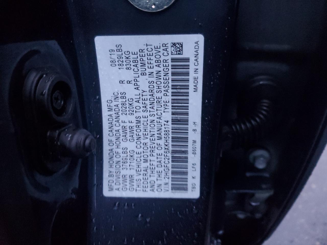 2019 Honda Civic VIN 2HGFC2F6XKH588174 Copart auction photo, front end damage thumbnail 12