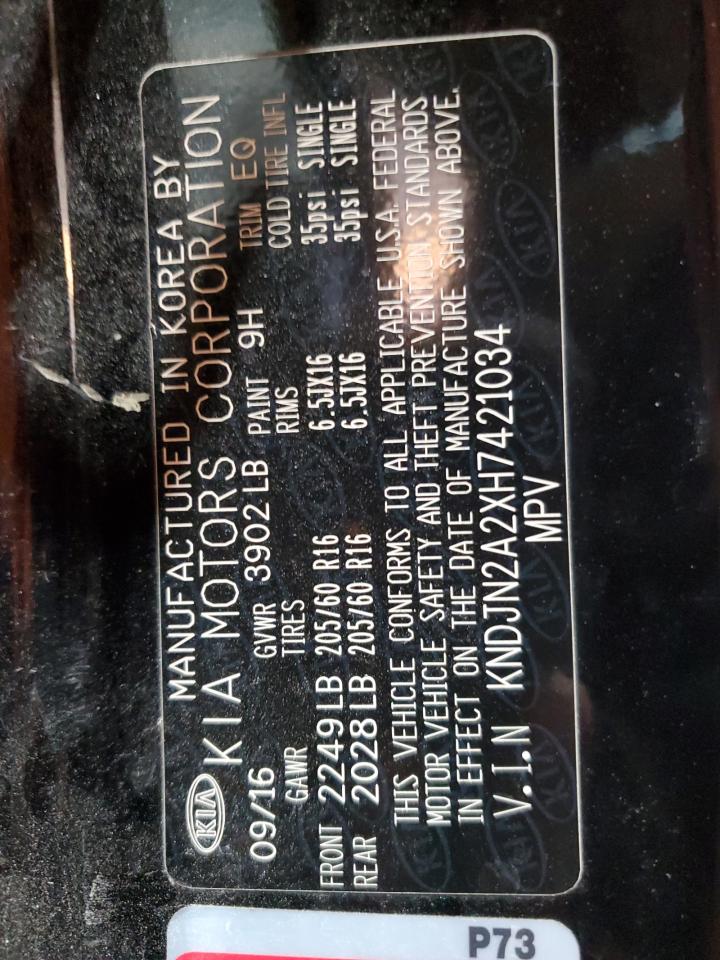 2017 KIA Soul VIN KNDJN2A2XH7421034 Copart auction photo, front end / rear end damage thumbnail 12