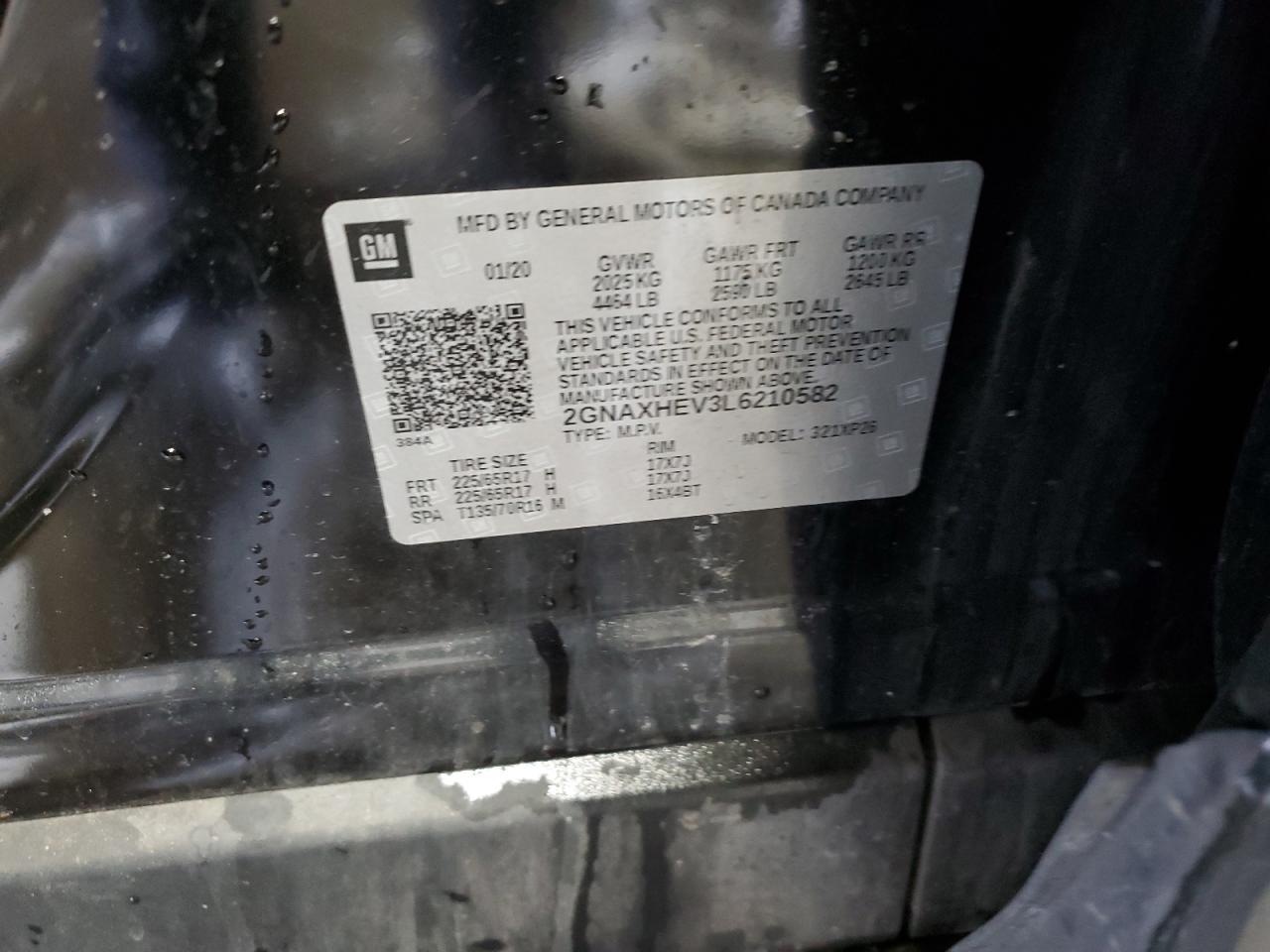 2020 Chevrolet Equinox VIN 2GNAXHEV3L6210582 Copart auction photo, front end damage thumbnail 13