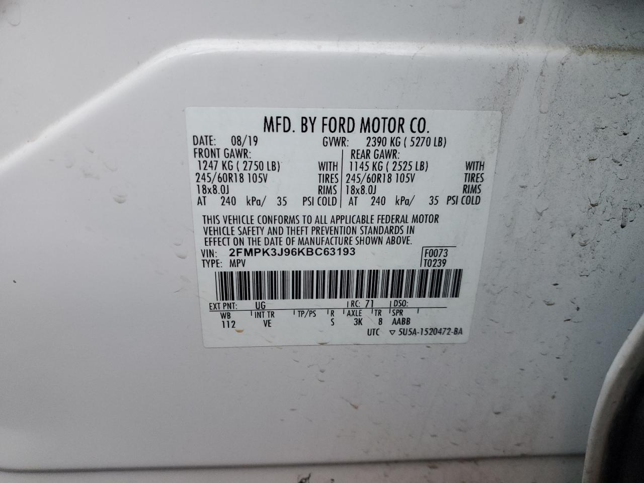 2019 Ford Edge VIN 2FMPK3J96KBC63193 Copart auction photo, front end / side damage thumbnail 13