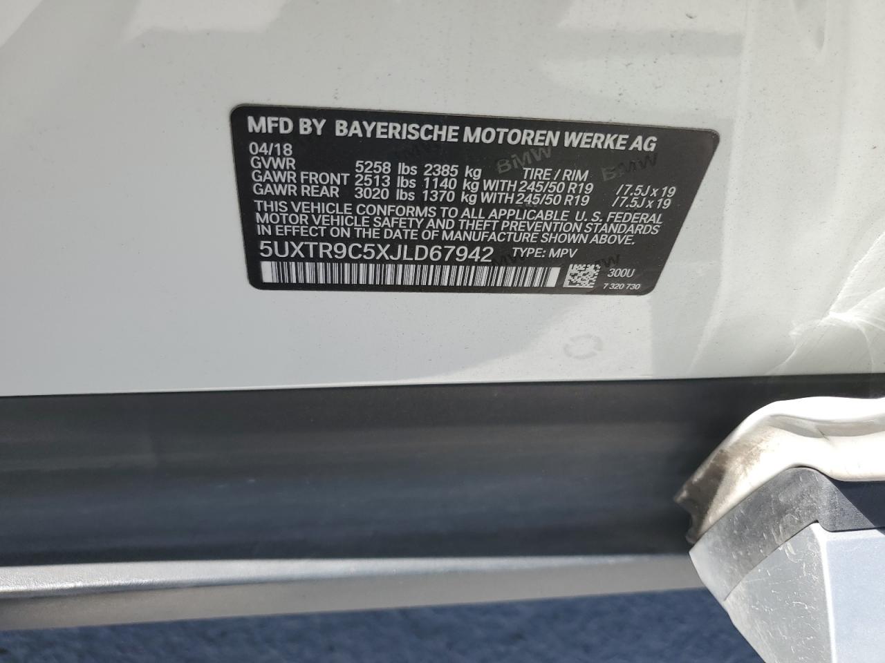 2018 BMW X3 VIN 5UXTR9C5XJLD67942 Copart auction photo, rear end damage thumbnail 13