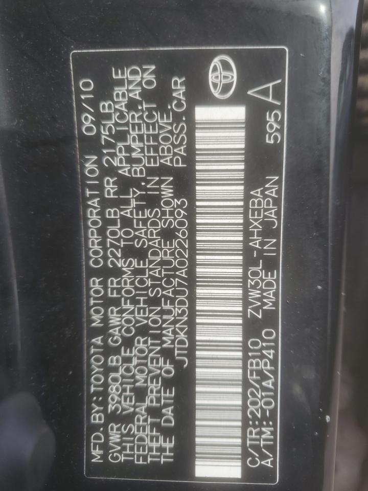 2010 Toyota Prius VIN JTDKN3DU7A0226093 Copart auction photo, side damage thumbnail 13