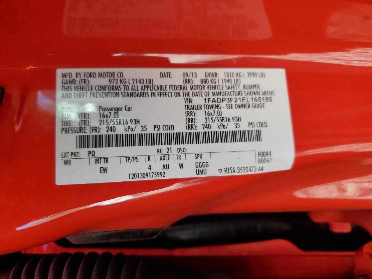 2014 Ford Focus VIN 1FADP3F21EL165185 Copart auction photo, rear end damage thumbnail 13