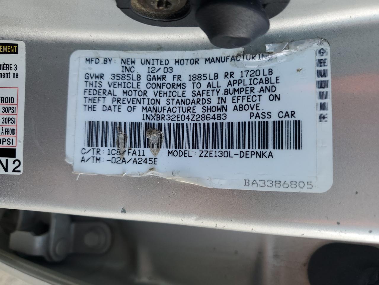 2004 Toyota Corolla VIN 1NXBR32E04Z286483 Copart auction photo, rear end damage thumbnail 14