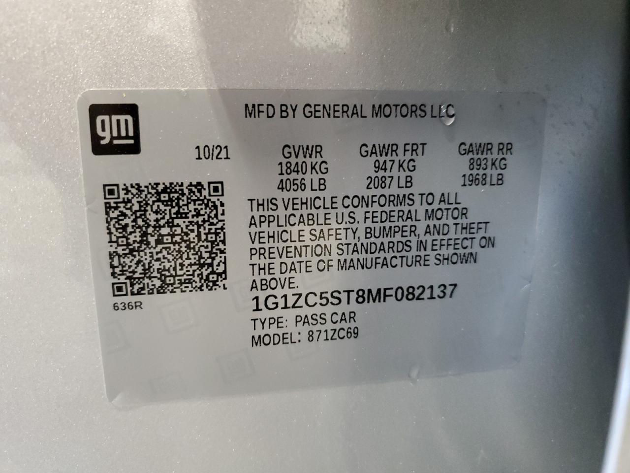 2021 Chevrolet Malibu VIN 1G1ZC5ST8MF082137 Copart auction photo, front end damage thumbnail 13