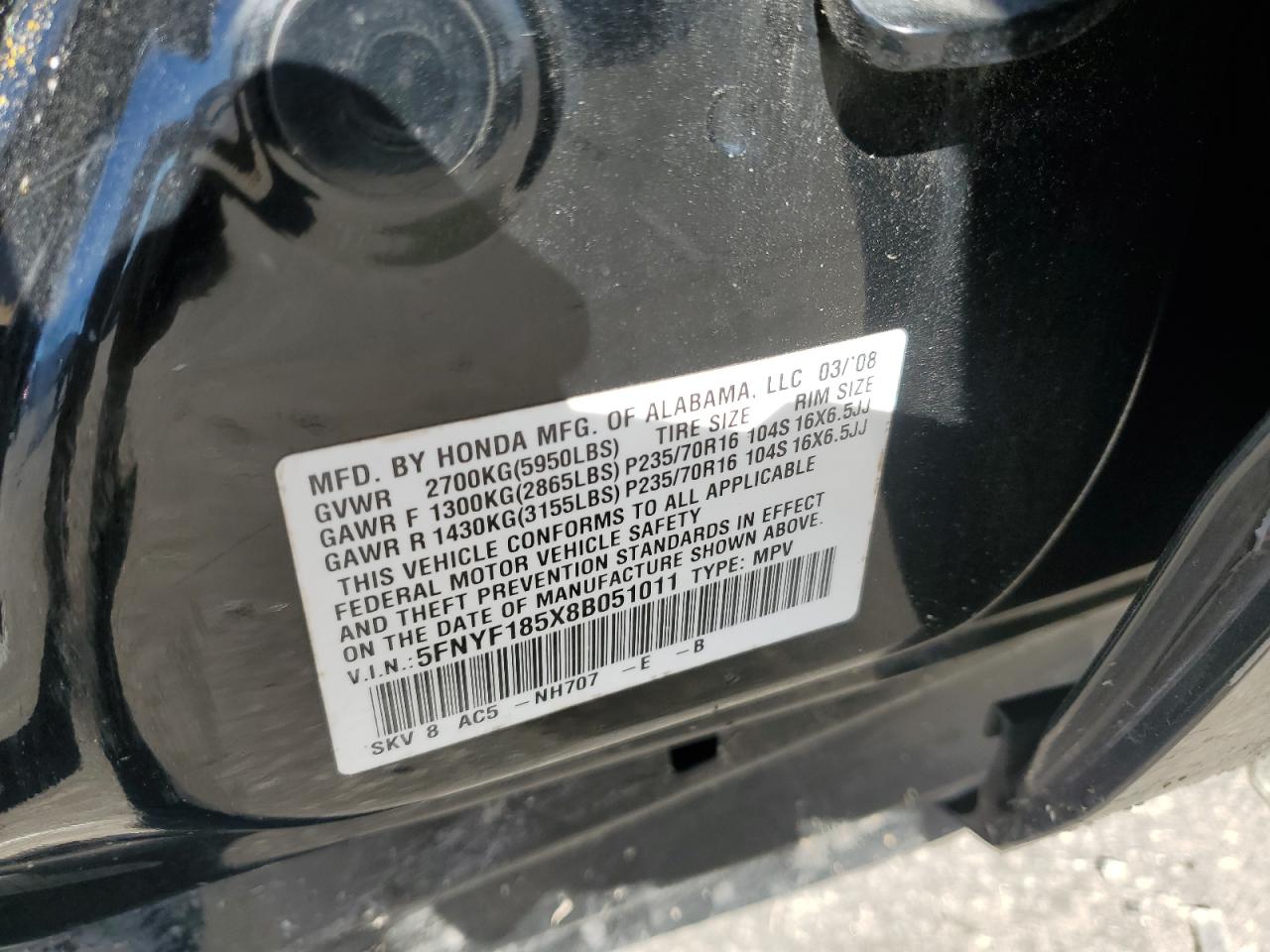 2008 Honda Pilot VIN 5FNYF185X8B051011 Copart auction photo, all over damage thumbnail 14
