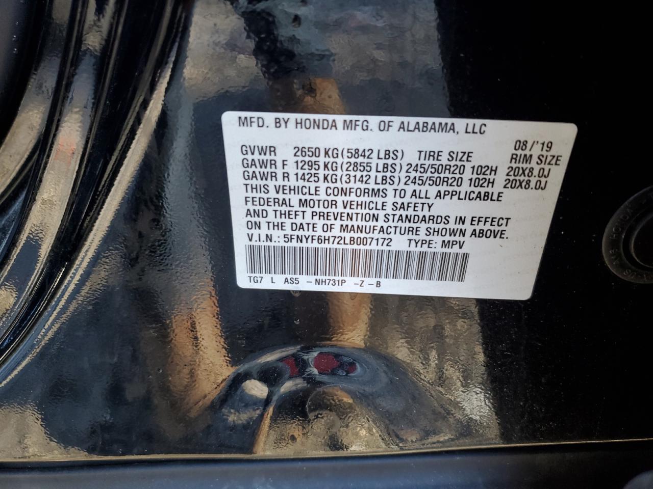 2020 Honda Pilot VIN 5FNYF6H72LB007172 Copart auction photo, rear end damage thumbnail 13