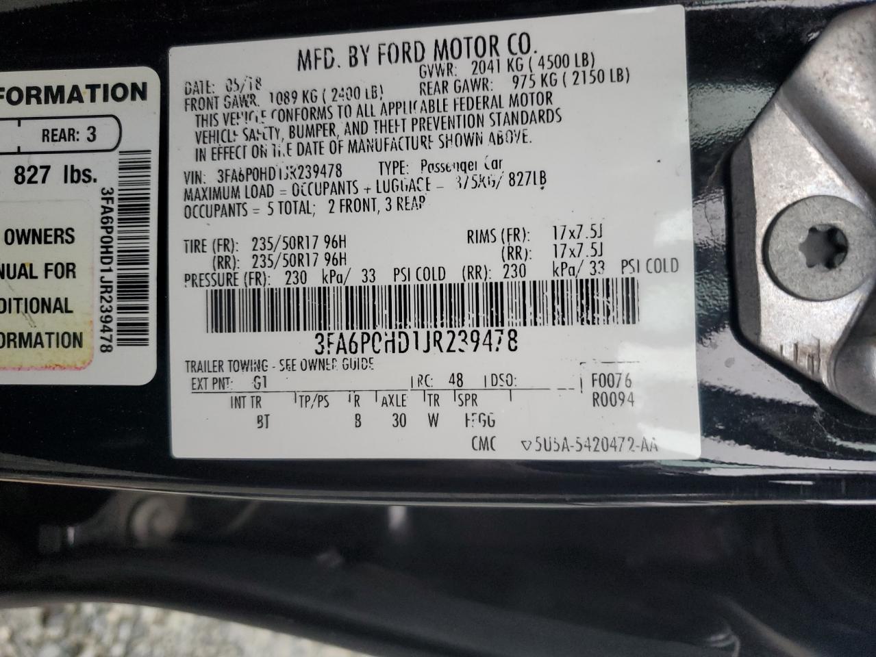 2018 Ford Fusion VIN 3FA6P0HD1JR239478 Copart auction photo, all over damage thumbnail 12
