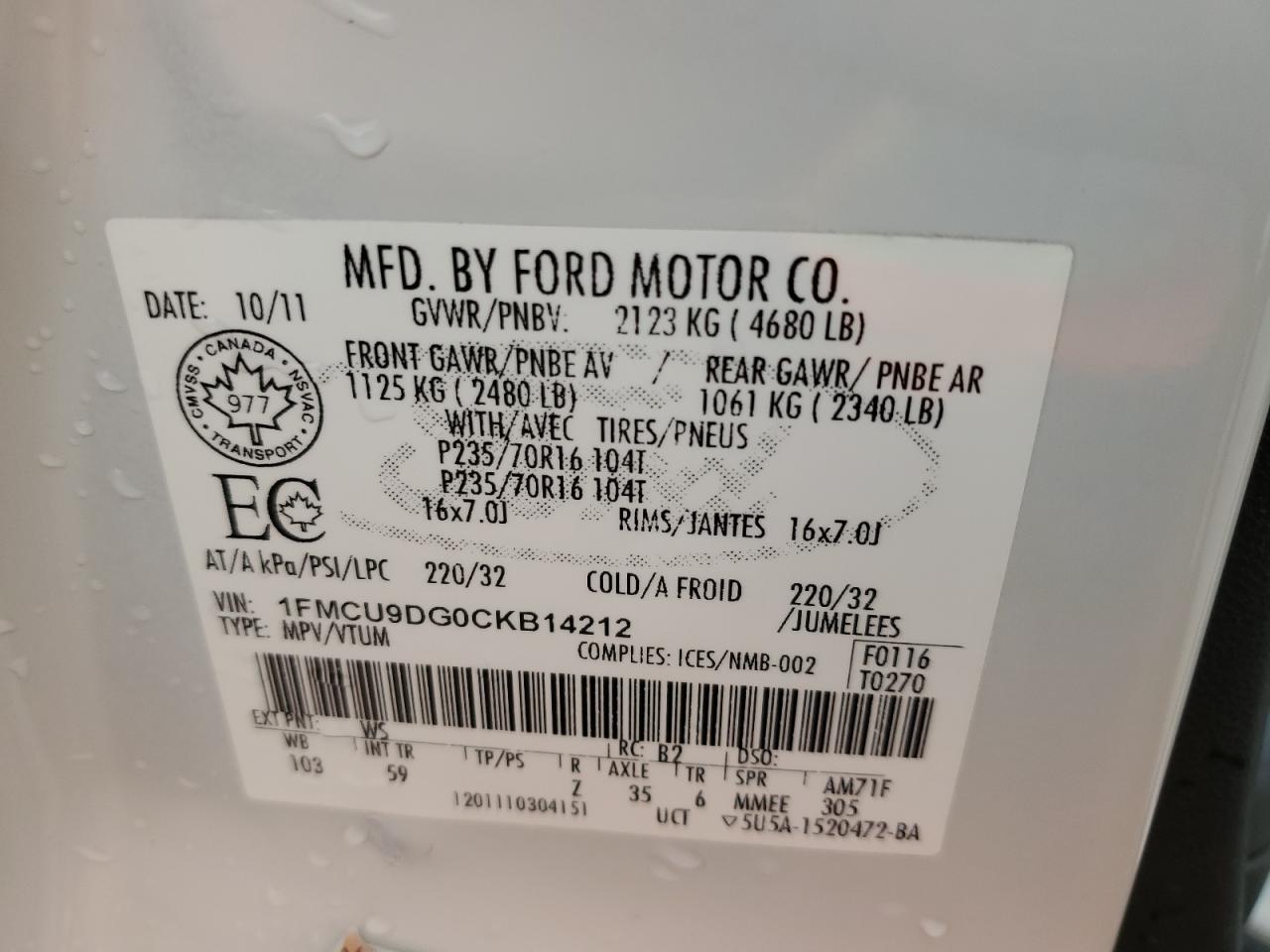 2012 Ford Escape VIN 1FMCU9DG0CKB14212 Copart auction photo, front end / rear end damage thumbnail 14