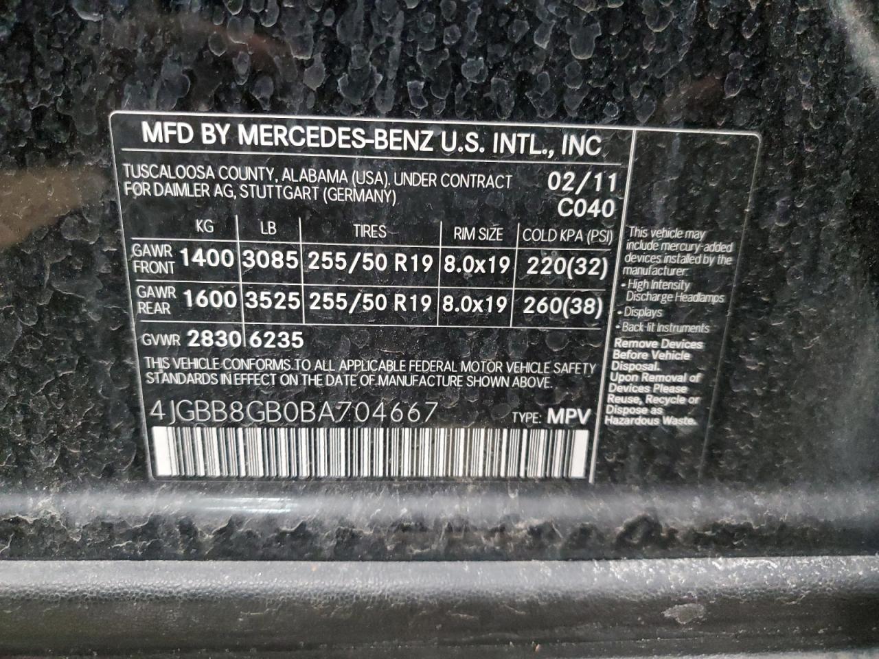 2011 Mercedes-Benz M-klasse VIN 4JGBB8GB0BA704667 Copart auction photo, front end damage thumbnail 13