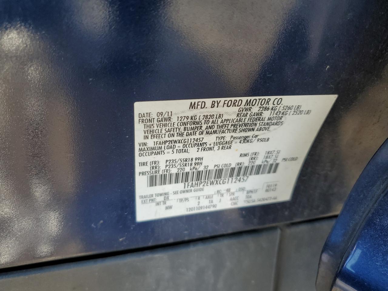 2012 Ford Taurus VIN 1FAHP2EWXCG112457 Copart auction photo, front end damage thumbnail 14