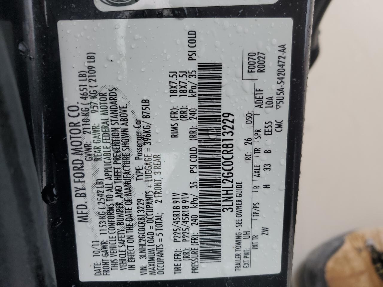 2012 Lincoln MKZ VIN 3LNHL2GC0CR813229 Copart auction photo, rear end damage thumbnail 13