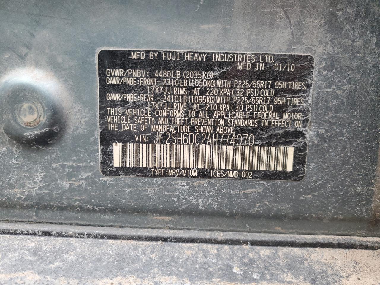 2010 Subaru Forester VIN JF2SH6DC2AH774070 Copart auction photo, rear end / minor dent/scratches damage thumbnail 13
