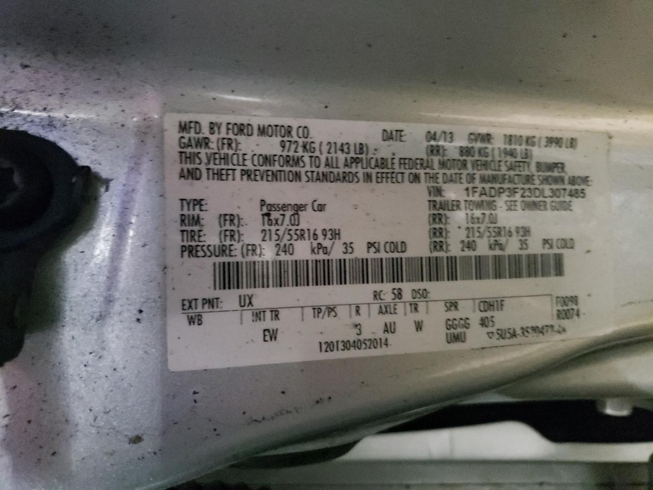 2013 Ford Focus VIN 1FADP3F23DL307485 Copart auction photo, front end / side damage thumbnail 12