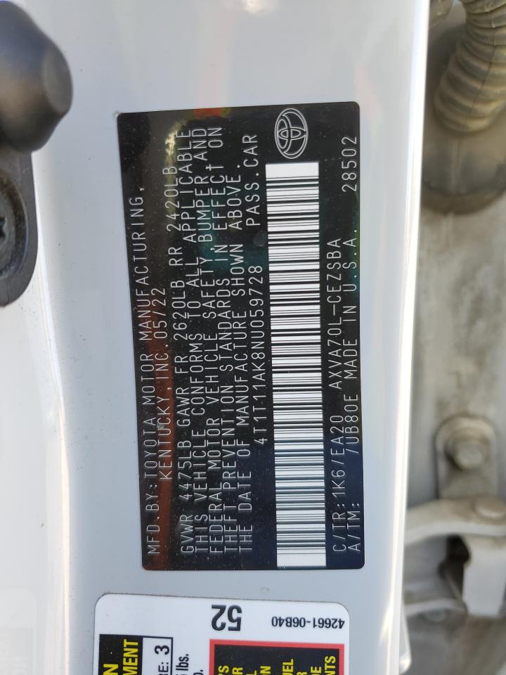 2022 Toyota Camry VIN 4T1T11AK8NU059728 Copart auction photo, side / rear end damage thumbnail 12