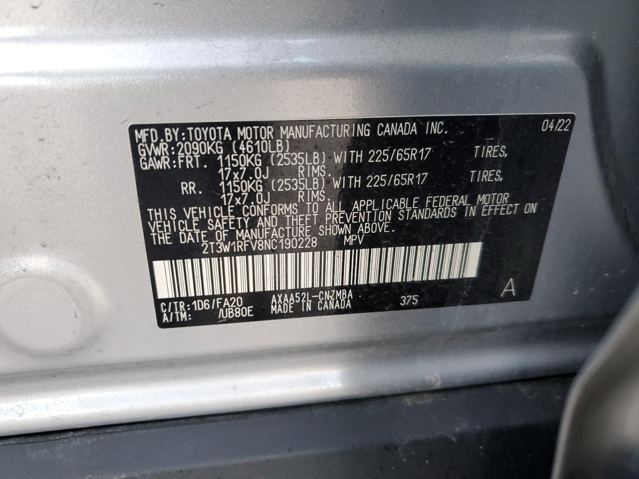 2022 Toyota RAV 4 VIN 2T3W1RFV8NC190228 Copart auction photo, front end / minor dent/scratches damage thumbnail 15