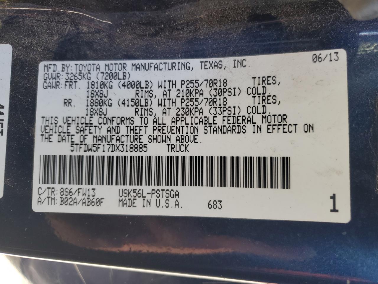 2013 Toyota Tundra VIN 5TFDW5F17DX318885 Copart auction photo, front end damage thumbnail 14