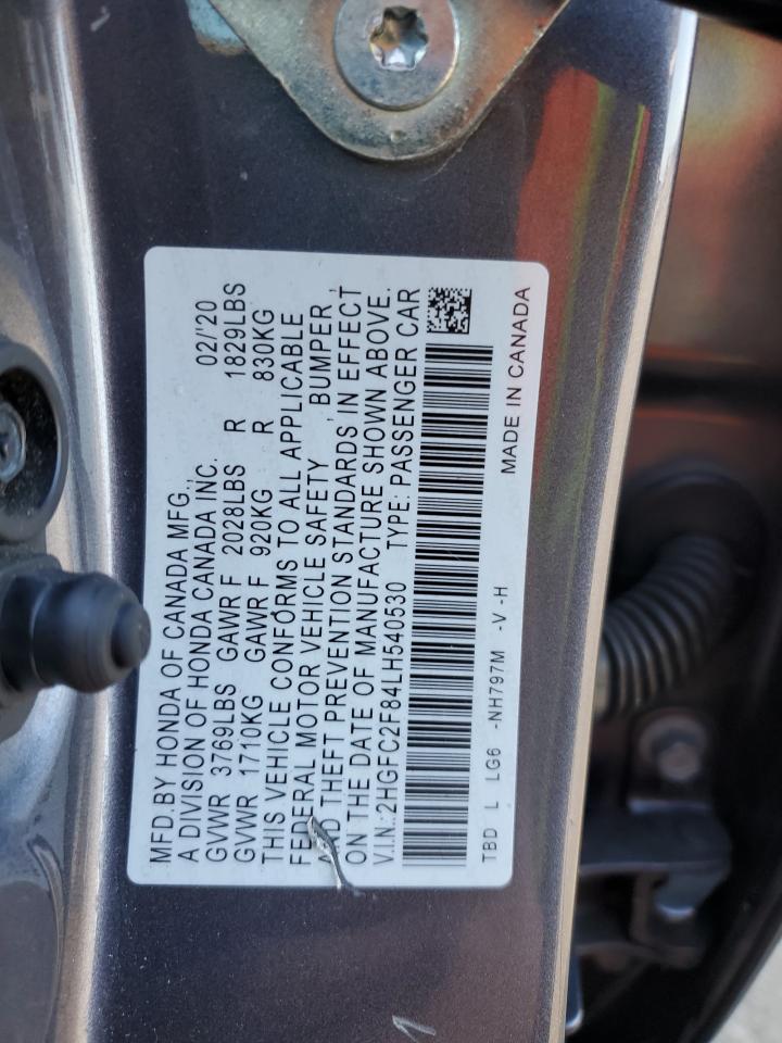 2020 Honda Civic VIN 2HGFC2F84LH540530 Copart auction photo, vandalism damage thumbnail 12
