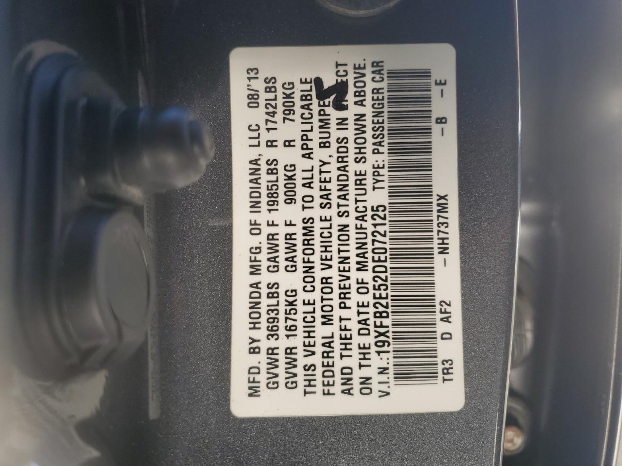 2013 Honda Civic VIN 19XFB2E52DE072125 Copart auction photo, front end damage thumbnail 12