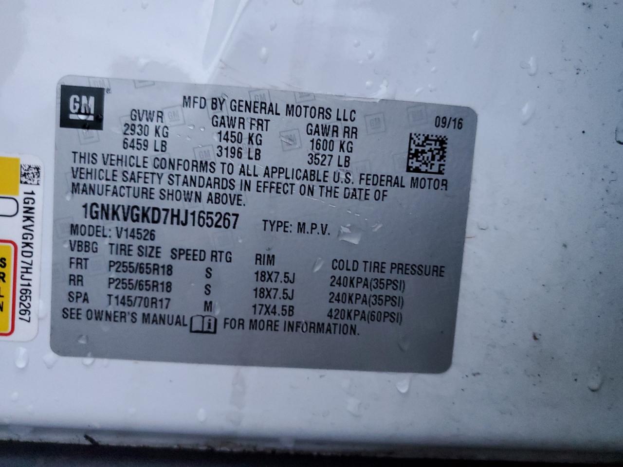 2017 Chevrolet Traverse VIN 1GNKVGKD7HJ165267 Copart auction photo, rear end damage thumbnail 14
